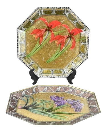 2 Scott Potter Signed Decoupage Painted Platters: 2 Scott Potter Signed 1966 Decoupage Hand Painted Floral Platters. Large measures 14 inches long.