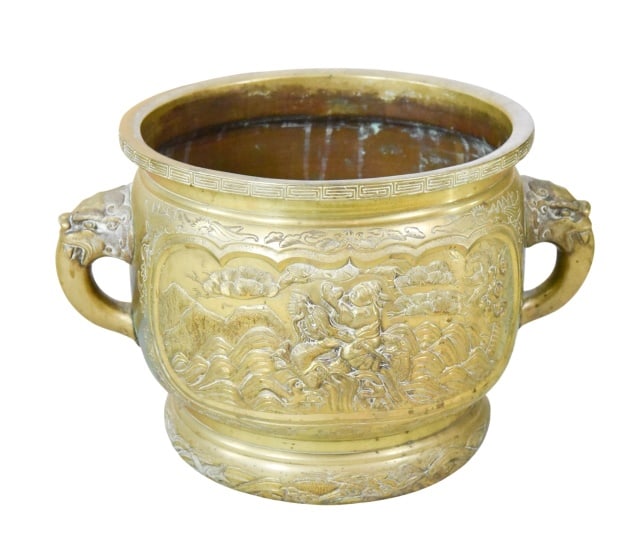 Antique Chinese Engraved Brass Jardiniere: Antique Chinese Engraved Brass Jardiniere or Planter with Dragon-Shaped Handles.Measures 12 inches x 18 inches x 14 inches.