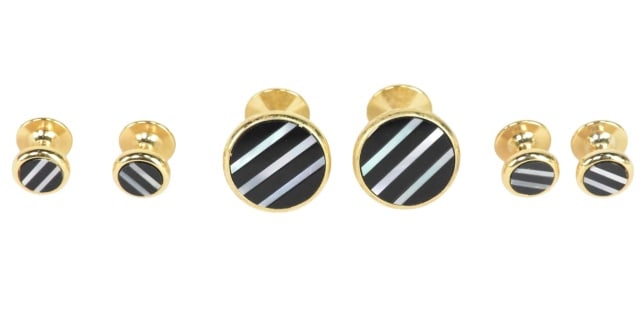 Set of Gold Tone Onyx & Mother of Pearl Cufflinks: Set of Gold Tone Onyx & Mother of Pearl Striped Design Cufflinks.Larger measures 3/4 of an inch in diameter.