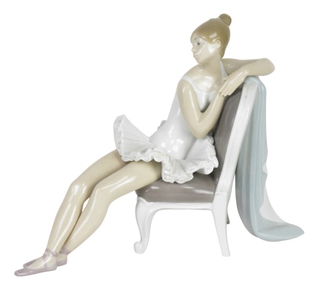 Lladro Spain Classic Dancer Porcelain Figurine: Lladro Spain Classic Dancer Porcelain Ballerina Figurine Seated in a Chair.Measures 9.5 inches x 5.5 inches x 13 inches.