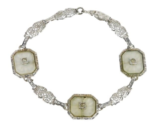 Art Deco Camphor Glass & Diamond Filigree Bracelet: Vintage Art Deco Camphor Glass & Diamond Filigree Bracelet. Measures 6.5 inches long.