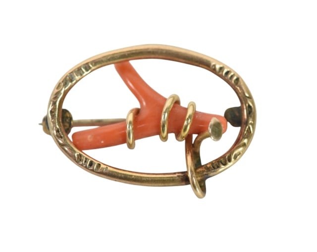 Antique Neapolitan Coral Gold Filled Brooch: Antique Neapolitan Coral Gold Filled Brooch.Measures 1 inch in length.