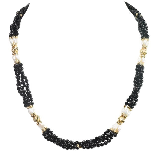 14K Black Onyx Fresh Water Pearl Necklace: 14K Yellow Gold Black Onyx Fresh Water Pearl Four Strand Necklace 25 inches Long.