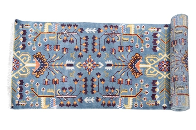 Hand Knotted Light Blue Wool Oushak Runner Rug: Hand Knotted Light Blue Wool Oushak Runner RugMeasures 120 inches x 35 inches.