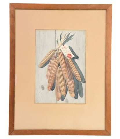 Theodore Mead Agricultural Still Life Watercolor: Vintage Theodore Mead Traditional Agricultural Still Life Watercolor of Hanging Ears of Corn Dated 1942.Measures 25 inches x 19 inches.