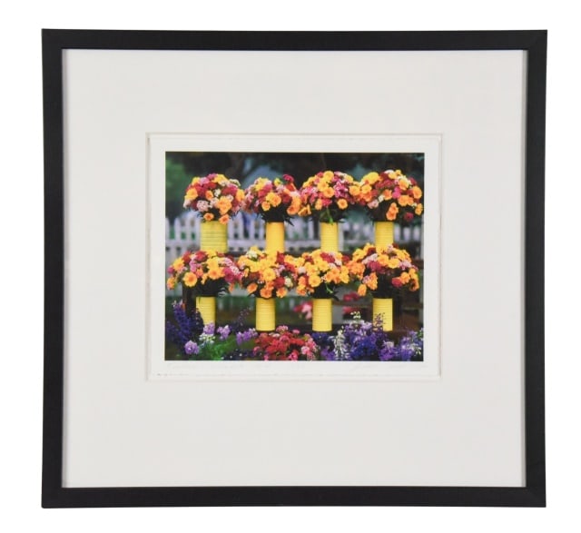 Signed Photograph Farmers Market Flowers in Cans: Signed Photograph Farmers Market Flowers in Cans. Framed measures 19 inches x 20 inches, artwork 8 inches x 12 inches.