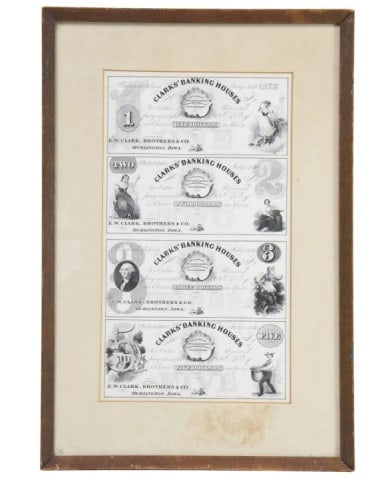 Mid 19th C Framed Set of Historical Currency Notes: Mid 19th Century Framed Set of Historical Currency Notes Features Antique $1, $2, $3, and $5 bills Issued by Clarks' Banking Houses in Burlington Iowa. Uncut Sheet Circa 1860.Some damage to the