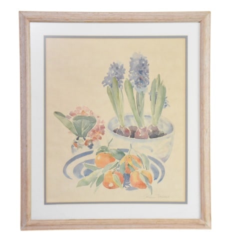 Signed Carmina Stewart Still Life Watercolor: Signed Carmina Stewart Still Life Watercolor Painting. Features purple hyacinths in a white bowl and orange citrus on a blue-patterned dish.Framed measures 29 inches x 25 inches.