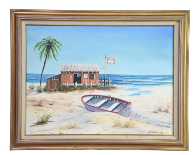 George H. Lake Coastal Seascape Oil Painting: George H. Lake Coastal Seascape Oil Painting on Canvas Featuring a Beach Cottage and a Small Boat.Frame has a slight damage. Sold as is.Framed measures 23 inches x 28 inches.