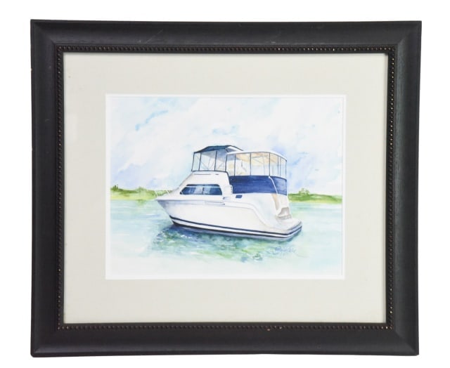 Signed Goldstein Watercolor Painting Cruiser Boat': Signed Goldstein Watercolor Painting of Cruiser Boat Reminiscent of a mainship Sedan Bridge Model.Framed measures 20.5 inches x 24 inches.