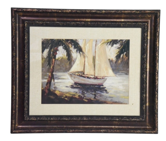 Enrique Bolo Bahama Shore Giclee Art Print: Enrique Bolo Bahama Shore Giclee Art Print. Depicting sailboat near tropical trees. Framed under glass in ornate brown and gilt gold wood frame.Measures 22 inches x 26 inches.