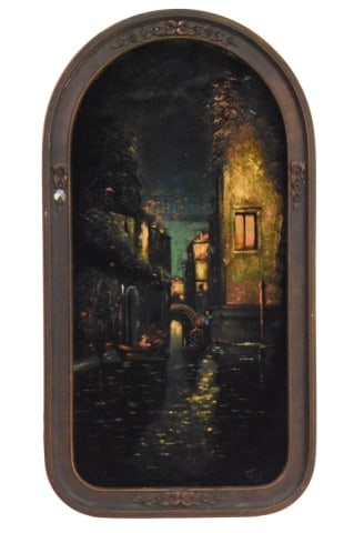 Signed Venice Canal Scene Velvet Painting: Signed Venice Canal Scene Velvet Painting in Arched Decorative Frame. Signed lower right.Nite: damage to frame. Sold as is.Measures 26 inches x 14 inches.