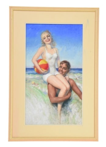 Vintage Pin-Up Arrtwork "Your for the Basking": Signed Vintage Pin-Up artwork "Your for the Basking" Soft Pastel Illustration. Mounted in cream-toned mat aith a matching colored wood frame.Framed measures 35 inches x 24 inches.