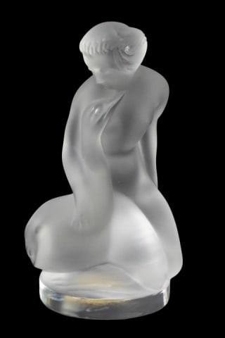 Rene Lalique France Leda Nude Woman & Swan: Rene Lalique France Signed Leda Nude Woman and Swan Frosted Crystal Figure.Measures 4.5 inches x 2.5 inches x 2.5 inches.