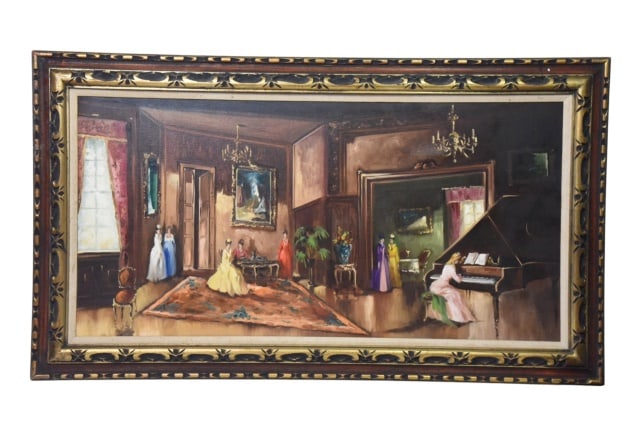 Signed Interior Parlor Scene Oil Painting: Signed Interior Parlor Scene Oil Painting on Canvas in the Characteristic Style of Janos Czene Apatfalvi. Depicting elegant room settings featuring figures with a grand piano, framed artwork on walls