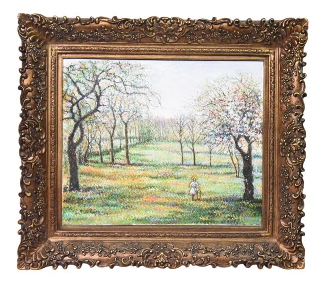 Hugues Claude Pissaro The Meadow of La Mainguere: Hugues Claude Pissaro (1935, French) The Meadow of La Mainguere Oil on Canvas Landscape Painting. Signed lower right. Titled and Signed Verso. Includes a original certificate from the painter, a