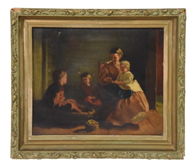After Bernard Pothast Mother and Children Painting: After Bernard Pothast Depicting a Traditional Interior Genre Scene with a Mother and Children PaintingSome visible damage, craquelure, surface grimes and holes in the artwork. Sold as is.Framed