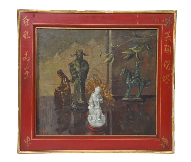 In the Style of Hovsep Pushman Stil Life Painting: In the Style of Hovsep Pushman Stil Life Painting on Canvas. Featuring Asian Artifacts and Contemplative Symbolism.Framed in red heavy red painted wooden frame accented with gold leaf detailing Chines