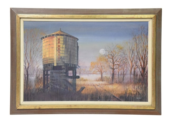 Signed Vintage Rustic Wooden Water Tower Painting: Signed Vintage Rustic Wooden Water Tower Standing Near Marshland Painting on Board. Signed Bond lower right.Measures 21 inches x 30 inches.Provenance:Estate of Kevin Sherwood.