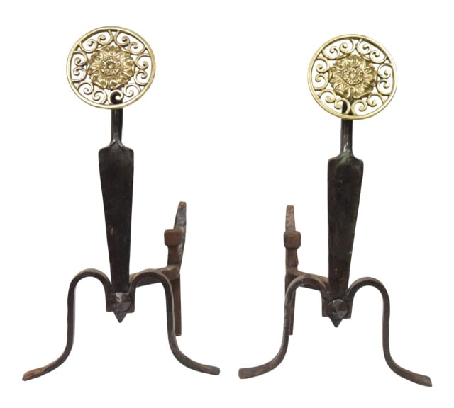 Pair Wrought Iron and Brass Sunburst Andirons (1 of 10)