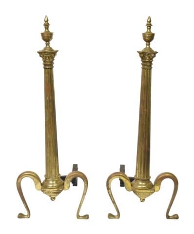 Pair Neoclassical Brass Fluted Shafts Andirons (1 of 9)