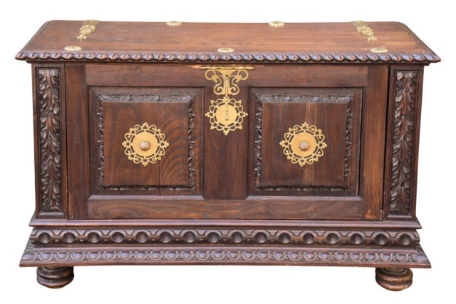 Antique Carved Storage Chest with Brass Medallions (1 of 13)