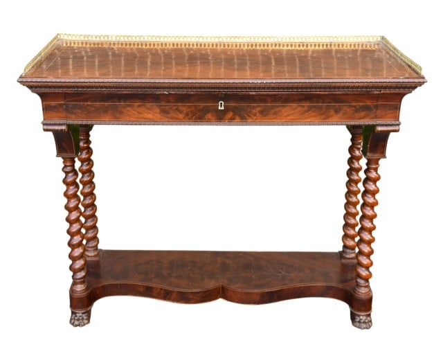 Antique Victorian Barley Twist Legs Console Table: Antique Victorian Period Hand Carved Mahogany / Fruitwood Veneer Spiral Barley Twist Legs Console Tablewith Pull Our Side Extension, Ornate Brass Gallery and Bone Inlay Key Hole. Measures 40 inches x