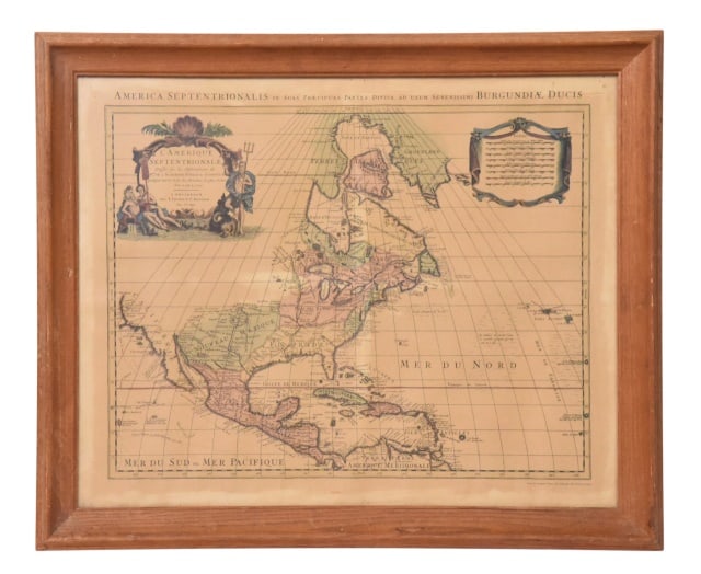 Framed Antique Historic Map of North America: Framed Antique Historic Map of North America Titled America Setentrionalis in Suas Praecipuas Partes Divisa, Ad usum Serenissimi Burgundiae Ducis.Measures 24 inches x 29 inches.