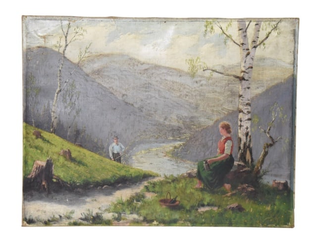 Traditional 19th Century European Genre Painting: Traditional 19th Century European Genre Pastoral Landscape Oil on Canvas Painting. Signed illegibly lower left. Artwork shows visible wear, damage, aging, exposed wooden edge / frame and craquelure. C