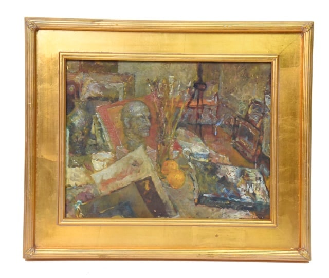 Vintage Mid Century Expressionist Oil Painting: Vintage Mid Century Expressionist Oil Painting on Canvas Depicting an Artist's Cluttered Studio Filled with Brushes, a Bust and Objects on a Table.Measures 20inches x 24 inches.