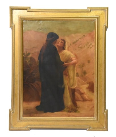19th Century Orientalist Romantic Genre Painting: 19th Century Orientalist Romantic Genre Painting.Signed illegibly lower left. Artwork appears to be a reproduction version of the Orientalist work Passionate Encounter by English artist Frederick