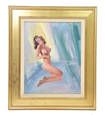 Signed Figurative Female Nude Painting on Board: Signed Figurative Female Nude Painting on Board. Signed lower left.Pleas note that there is line tear in the middle portion of the painting. Sold as is.Measures 28 inches x 24 inches.