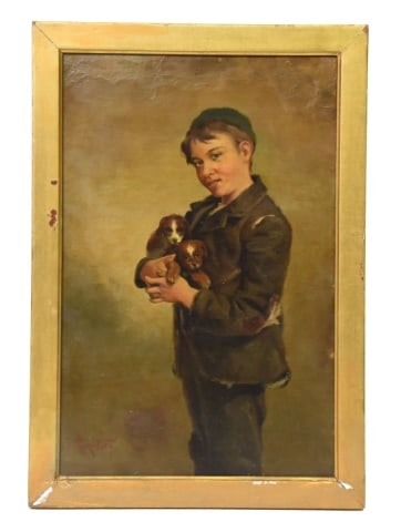 19th Century Signed R. A. Fox Genre Painting: 19th Century R. A. Fox Genre Oil Painting on Board Depicting a Young Boy with Puppies.Painting show craquelure and frame has gilt loss. Sold as is.Famed measures 21 inches x 14 inches.