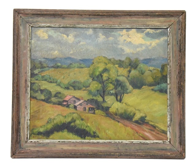 Morris Shokler Landscape Oil Painting on Board: Morris Shokler Landscape Oil Painting on Board.Signed lower left.Framed measures 16 inches x 19.25 inches, art 13 inches x 16 inches.