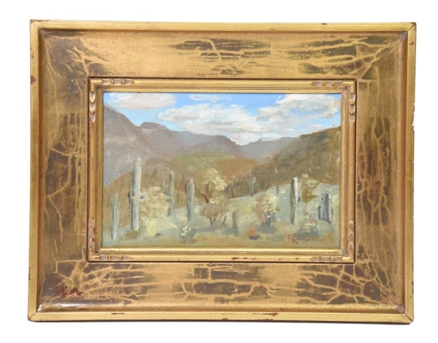Delmar Pettigrew Landscape Painting on Board: Delmar Pettigrew Landscape Painting on Board Depicting An Arid Desert or Canyon Scene.House in a vintage style, heavily textured, and crackled gilt/gold-painted wood.Framed measures 14 inches x 18 inc