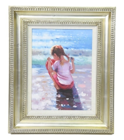 Signed Jamie Little Girl on Beach Oil on Canvas: Signed Jamie Little Girl on Beach Oil on Canvas Painting.Measures 24 inches x 20 inches.
