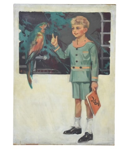 Signed Vintage Style Oil Painting of a Young Boy: Signed Vintage Style Oil Painting on Board of a Young Boy in a Green Sailor- Suit Holding ABC book while Interacting with a Parrot on a Perch.Signed EB left side.Measures 33 inches x 24 inches.