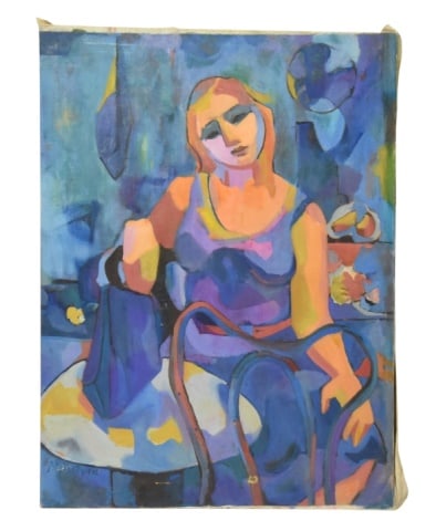 Margaret McIntyre Robinson Figurative Painting: Margaret McIntyre Robinson Figurative Expressionist Painting. Signed lower left. Please see all photos. Canvas has damage, scratches and hole. Sold as is.Measures 38.5 inches x 28.5 inches.