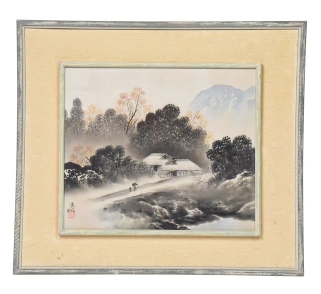 Japanese Ink and Watercolor Landscape on Silk: Japanese Ink and Watercolor Landscape Painting on SilkSigned lower left.Measures 22 inches x 24 inches.