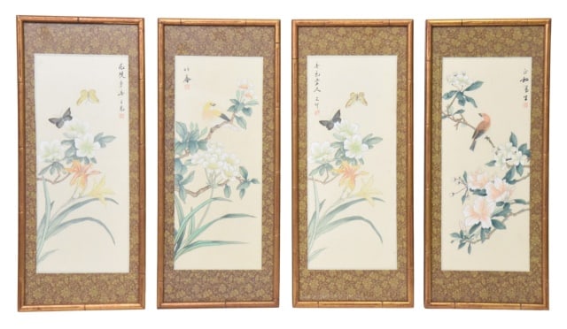 4 Vintage Chinese Watercolor Paintings: Set of 4 Vintage Chinese Watercolor Paintings on Silk. Featuring butterflies and traditional calligraphy stamps, housed in gold toned bamboo- style frames.Measures 20.5 inches x 9 inches.