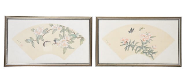 Pair Vintage Chinese Watercolor & Gouache on Silk (1 of 11)