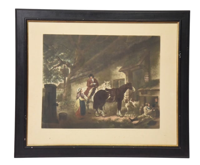 Antique Colored Engraving The Public House Door: Vintage Hand Colored Engraving The Public House Door. Originally painted by the British artist George Morland and engraved by William Ward.Measures 27.5 inches x 32 inches.