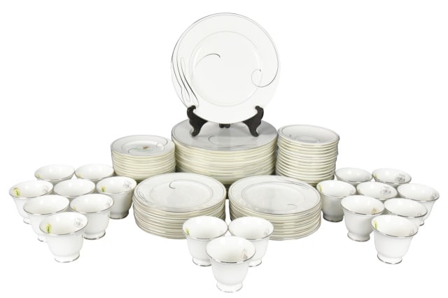Waterford Ballet Ribbon Fine Bone China Dinnerware: Waterford Ballet Ribbon Fine Bone China Dinnerware. Set Includes 20 dinner, 20 Lunch, 19 Dessert, 20 saucers, 19 cups. Dinner plate measures 10.75 inches in diameter.