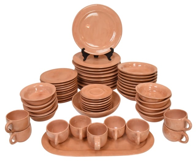 Signed Glazed Terracotta Dinnerware Set: Signed Glazed Terracotta Dinnerware Set.Dinner plates measure 12 inches in diameter. Set includes 10 dinner plates, 10 soup bowls, 9 tea cups, 8 tea cup plates, 10 salad plates, 10 dessert plates, 1