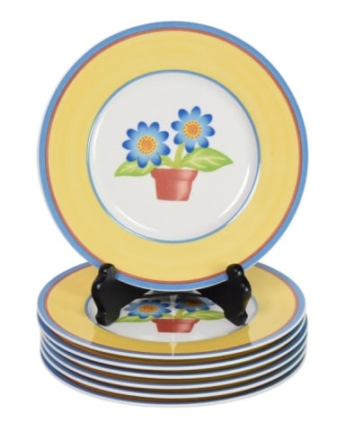12 Villeroy & Boch Twist Dora Salad Plates: 12 Villeroy & Boch Twist Dora Salad Plates. Characterized by bright yellow rim and central blue floral pot motif.Measures 8.5 inches in diameter.