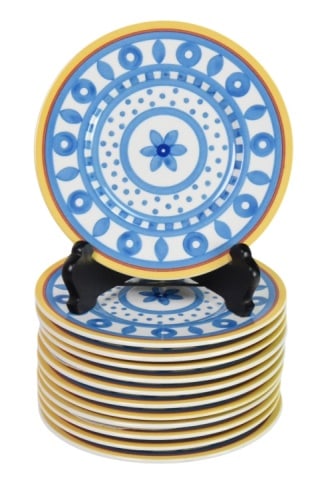 12 Villeroy & Boch Twist Anna Dessert Plates: 12 Villeroy & Boch Twist Anna Dessert Plates. Features blue and yellow geometric pattern with central floral motif.Measures 10.75 inches in diameter.