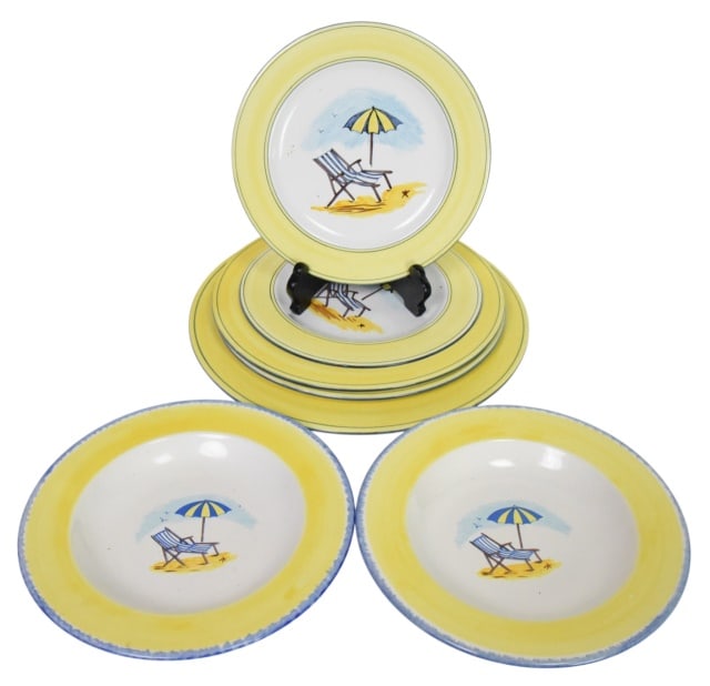 Casis & Co. France Dinner Service Replacements: Sert of 2 Casis & Co. France Beach Chair and Umbrella Motif Service Plate Replacements. Includes 1 Platter, 2 Dinner Plates, 2 Salad Plates and 2 Soup Bowls. Dinner plates measures 10 inches diameter.