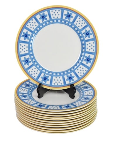 12 Villeroy & Boch Twist Anna Dinner Plates: 12 Villeroy & Boch Twist Anna Dinner Plates. Features blue and yellow geometric pattern with central floral motif.Measures 10.75 inches in diameter.Please note that one plate has a chip. Please look