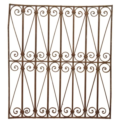 Antique Wrought Iron Gate Panel Arch. Salvage: Antique Wrought Iron Gate Panel Featuring Symmetrical Scrollwork Motif. Measures 39 inches x 35.5 inches x 1 inch.