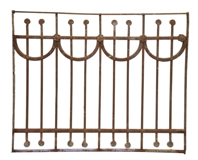Antique Wrought Iron Gate Panel Arch. Salvage: Antique Wrought Iron Gate Panel Featuring Floral Medallion Motif.Measures 35 inches x 42.5 inches x 1.25 inches.